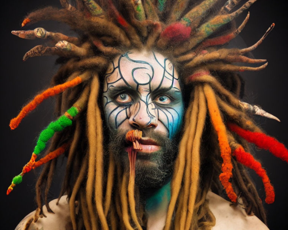 Colorful dreadlocks and face paint on person against dark background