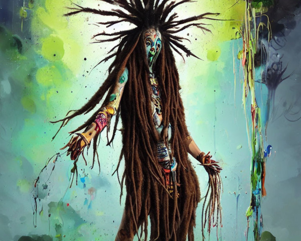 Elaborately painted person with dreadlocks in vibrant setting