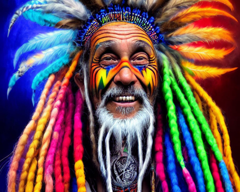 Smiling person with colorful feather headdress and face paint