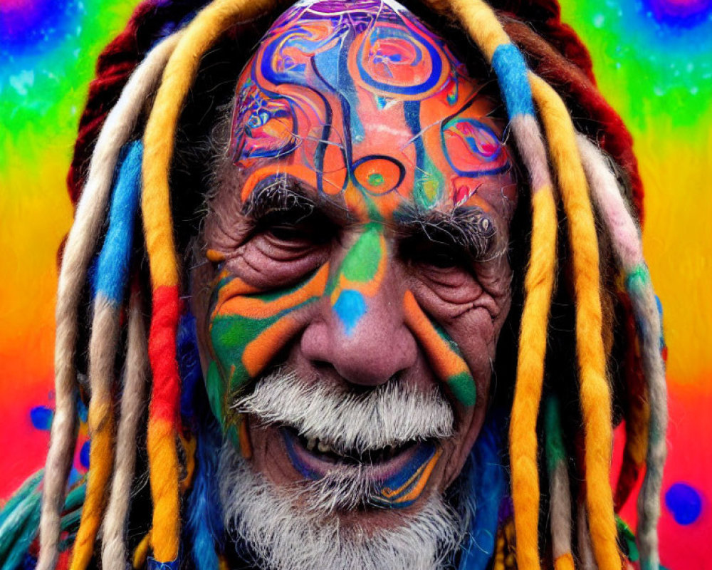 Smiling person with colorful face paint and rainbow dreadlocks