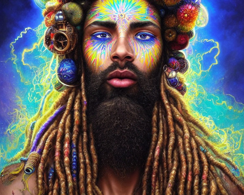 Colorful Portrait of Bearded Individual with Dreadlocks and Ornaments on Psychedelic Background