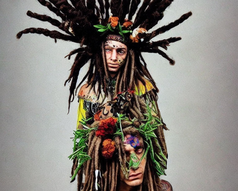 Elaborate Dreadlocks with Floral and Tribal Makeup