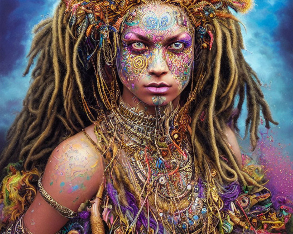 Elaborate tribal face paint, dreadlocks, and jewelry against colorful backdrop