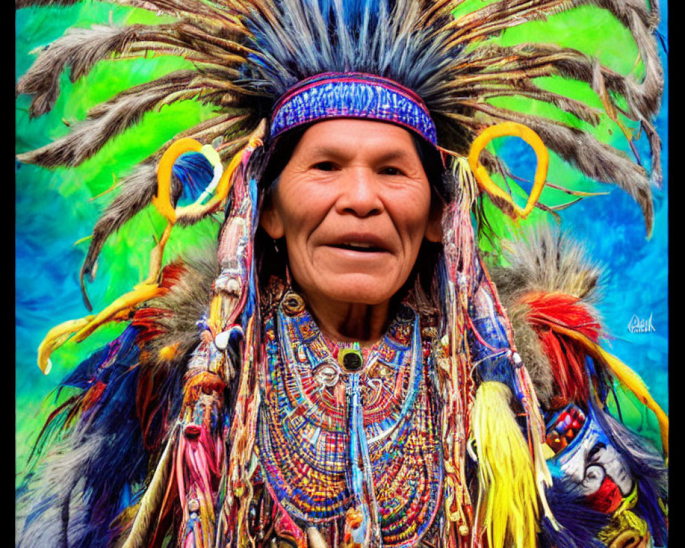 Vibrant Traditional Native American Regalia with Feathered Headdress