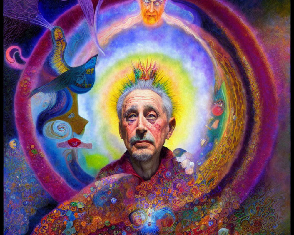 Colorful Psychedelic Painting of Contemplative Man and Fantastical Creatures