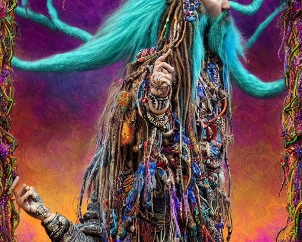 Teal Elaborately Braided Hair and Beard with Beads on Psychedelic Background