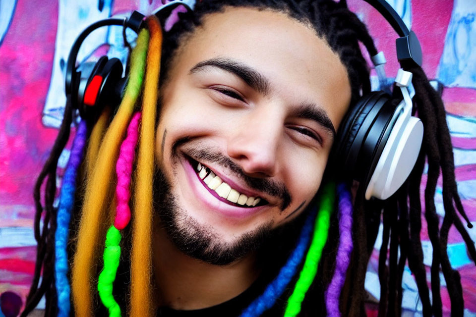 Smiling person with colorful dreadlocks and headphones against graffiti wall.