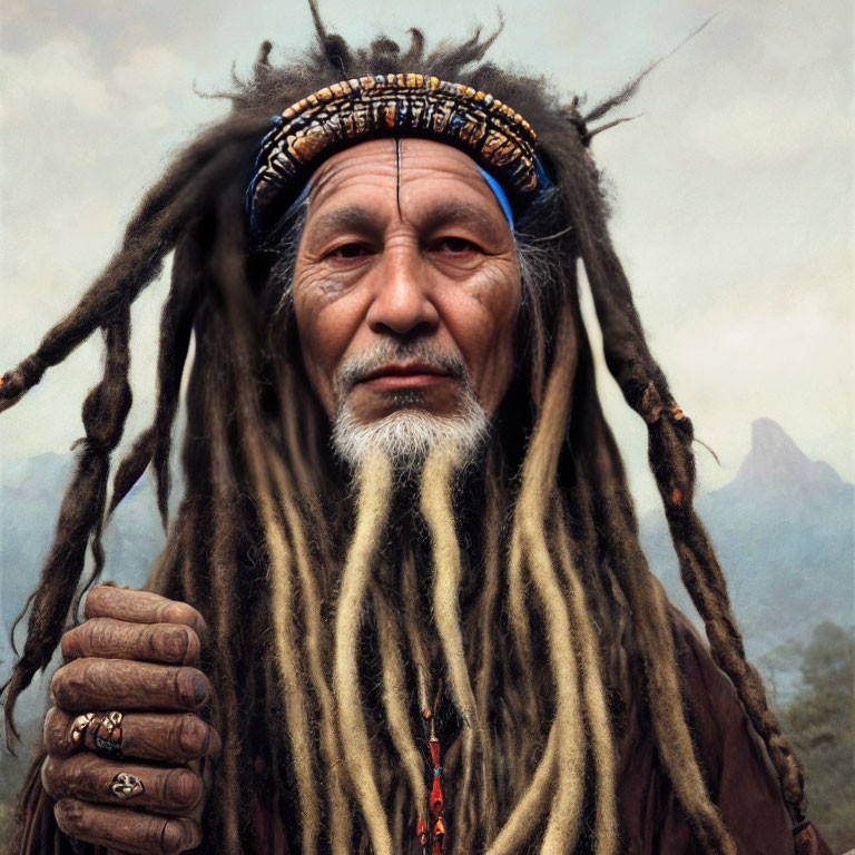 Elderly man with dreadlocks in beaded headband against mountain backdrop