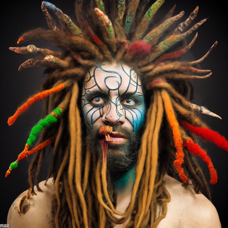 Colorful dreadlocks and face paint on person against dark background