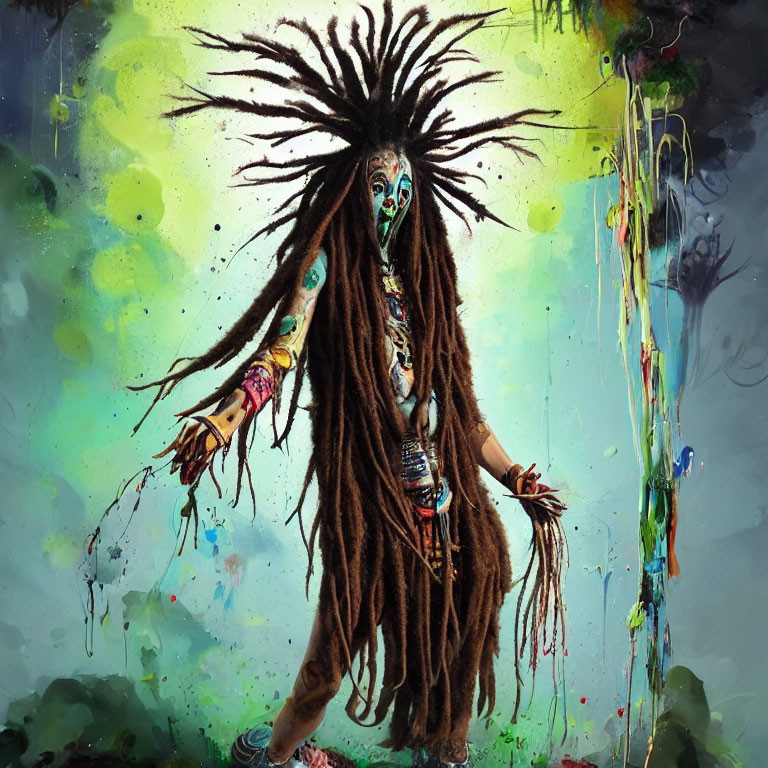 Elaborately painted person with dreadlocks in vibrant setting