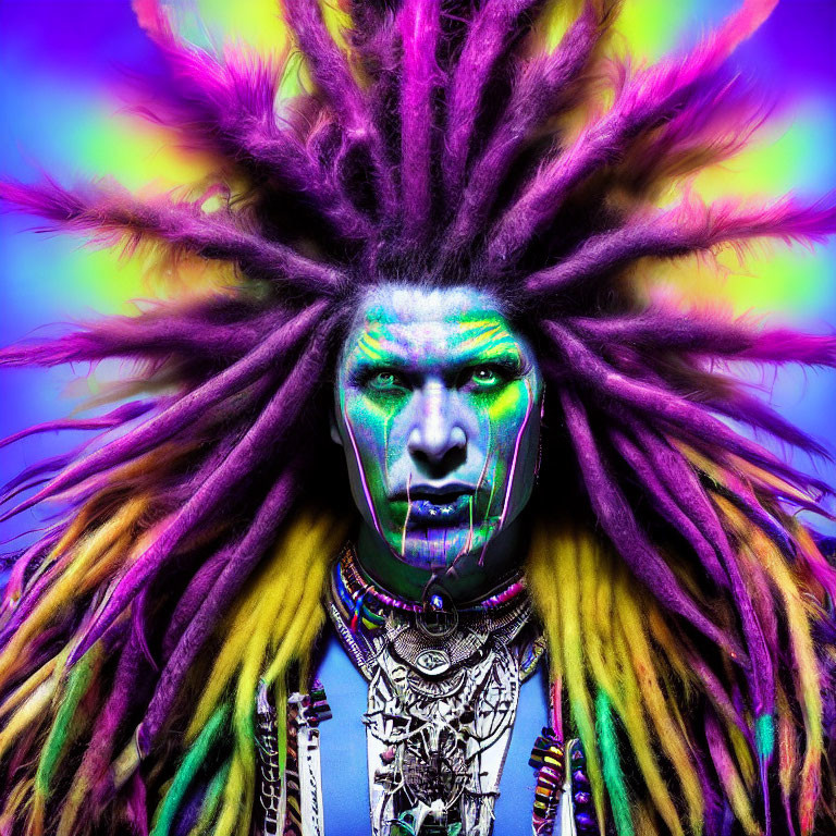 Colorful portrait of person with neon green face paint, purple dreadlocks, and eclectic accessories on vibrant