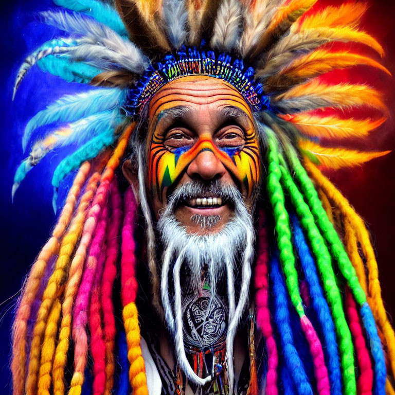 Smiling person with colorful feather headdress and face paint