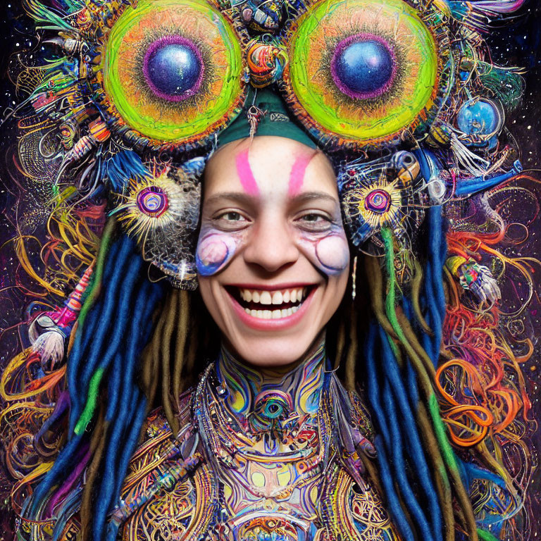 Colorful Psychedelic Costume with Large Eyes and Swirling Patterns