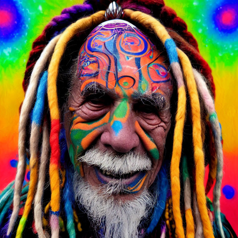 Smiling person with colorful face paint and rainbow dreadlocks