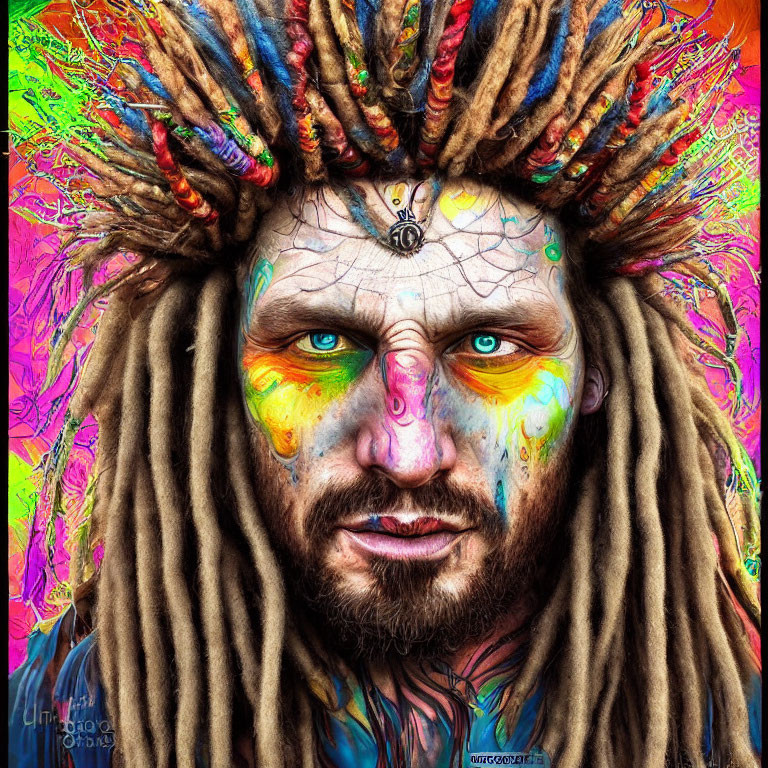 Colorful Portrait of Person with Dreadlocks and Face Paint