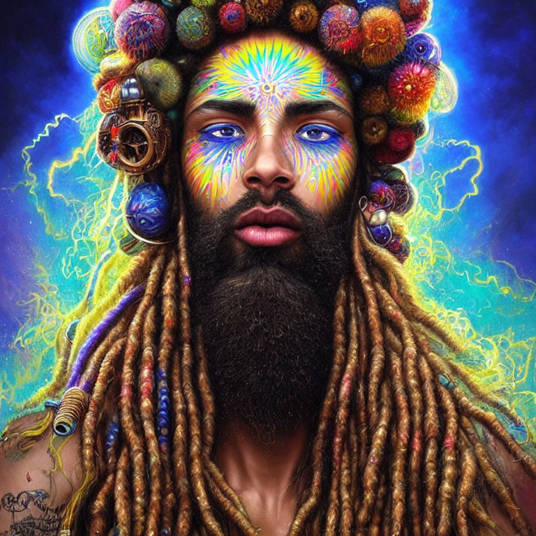 Colorful Portrait of Bearded Individual with Dreadlocks and Ornaments on Psychedelic Background