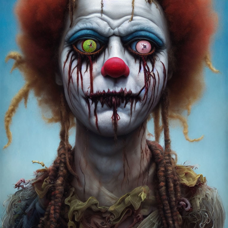 Sinister Clown with Blue Face Paint and Dreadlock-Style Hair