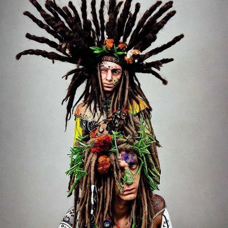 Elaborate Dreadlocks with Floral and Tribal Makeup