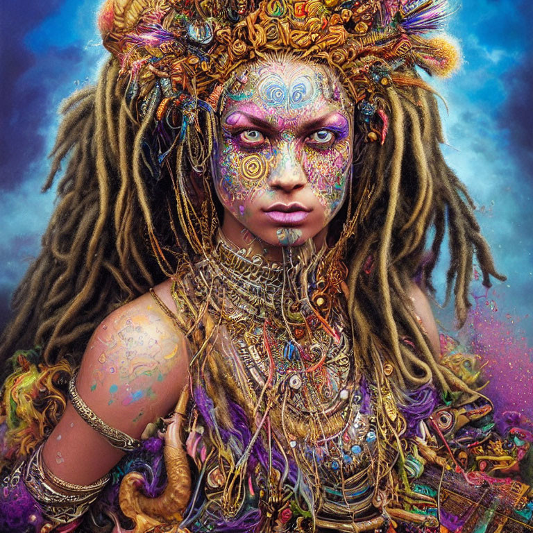 Elaborate tribal face paint, dreadlocks, and jewelry against colorful backdrop