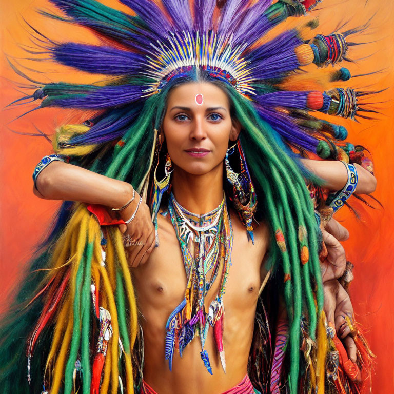 Woman in vibrant Native American headdress with colorful feathers and beadwork.