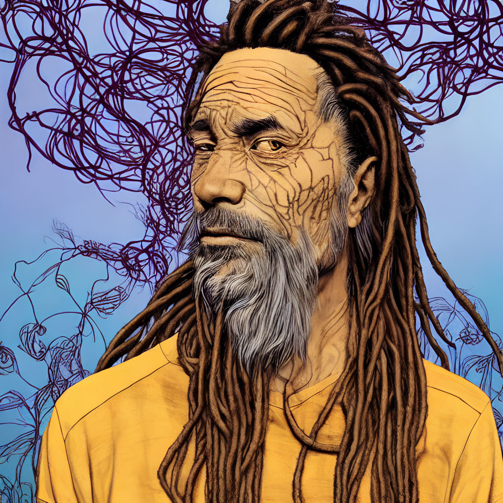 Illustrated portrait of older man with dreadlocks and beard on blue background with purple vines