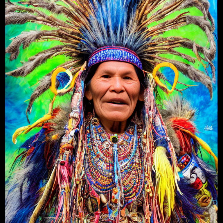 Vibrant Traditional Native American Regalia with Feathered Headdress