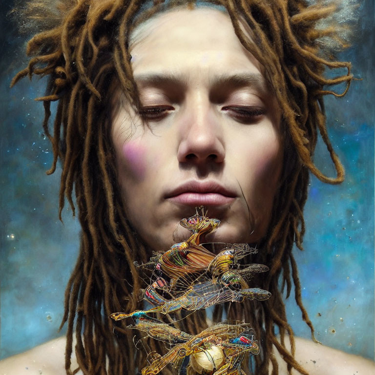 Portrait of a person with closed eyes and dreadlocks, adorned with vibrant mechanical insect neckpiece.