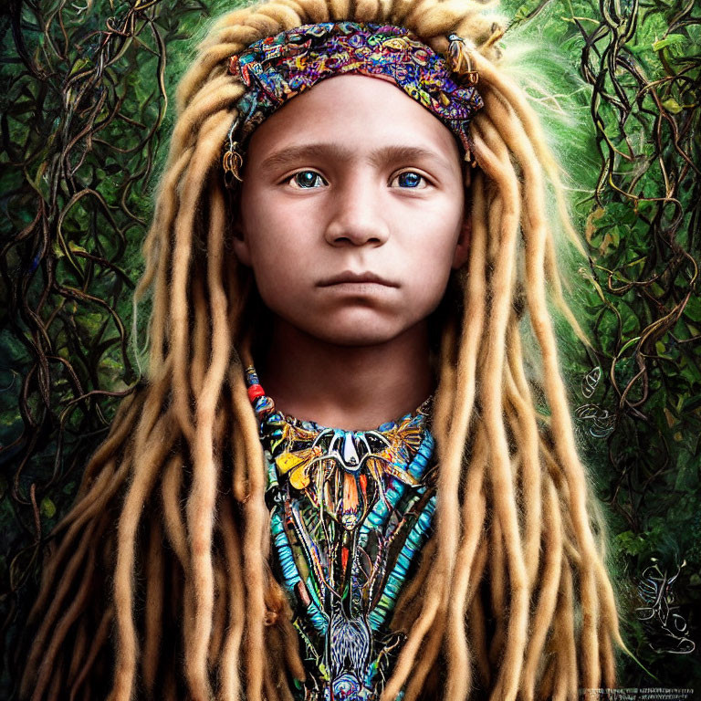 Child with long dreadlocks in headband & necklace, surrounded by greenery
