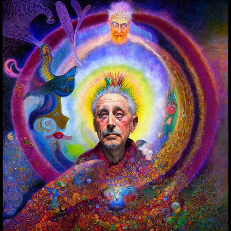 Colorful Psychedelic Painting of Contemplative Man and Fantastical Creatures