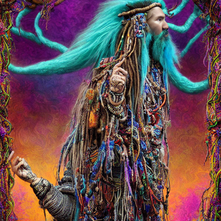 Teal Elaborately Braided Hair and Beard with Beads on Psychedelic Background