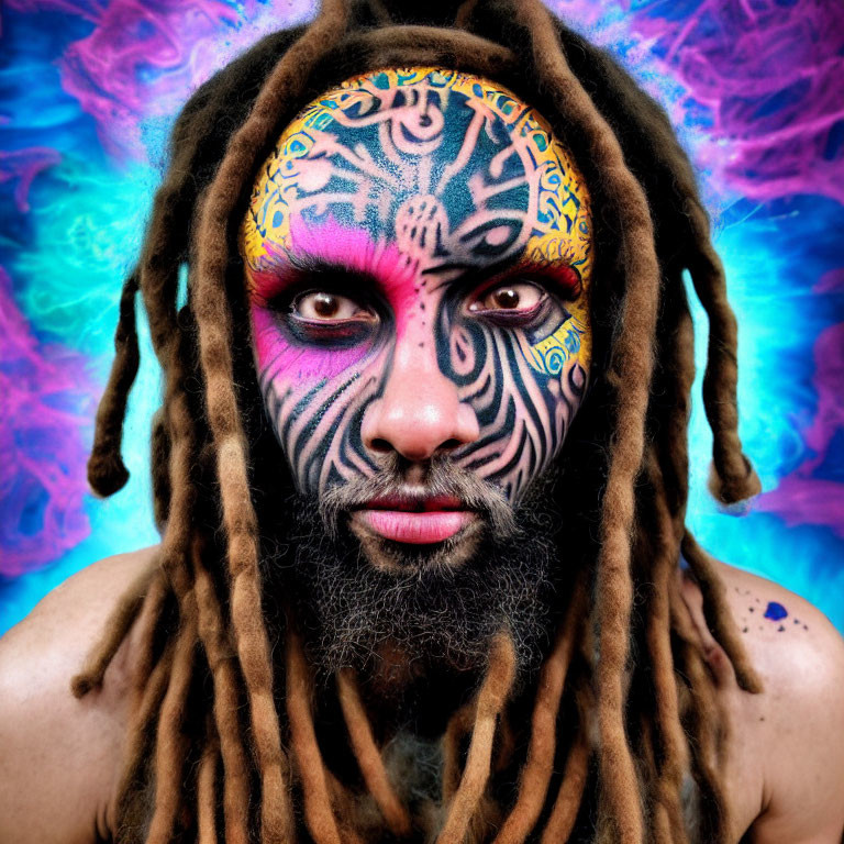 Intricate blue and yellow face paint on person with dreadlocks