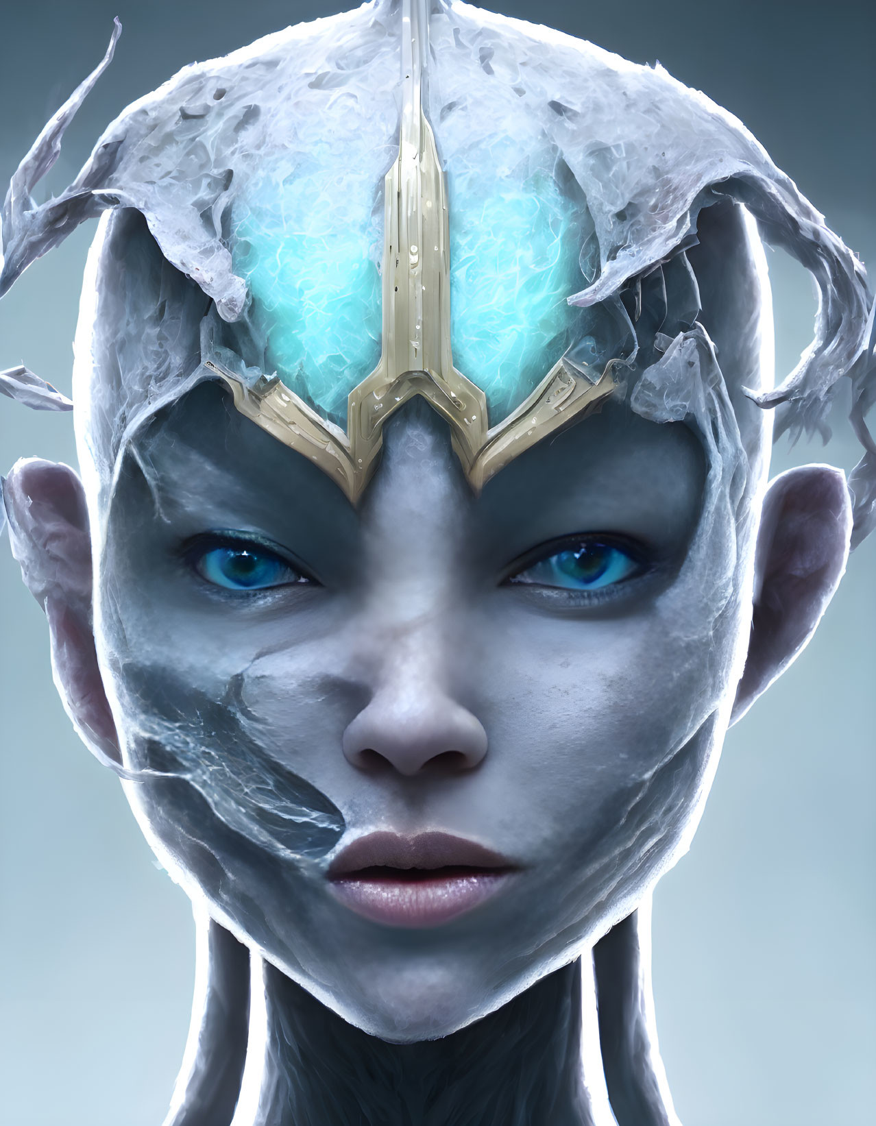 Fantasy illustration of figure with pale blue skin and antler-like crown.