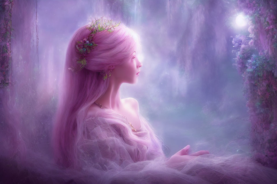 Pink-haired woman with floral crown gazes at glowing orb in misty purple blooms