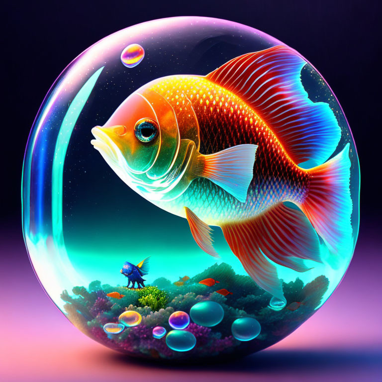 Colorful oversized goldfish in bubble with coral landscape & bubbles on purple background