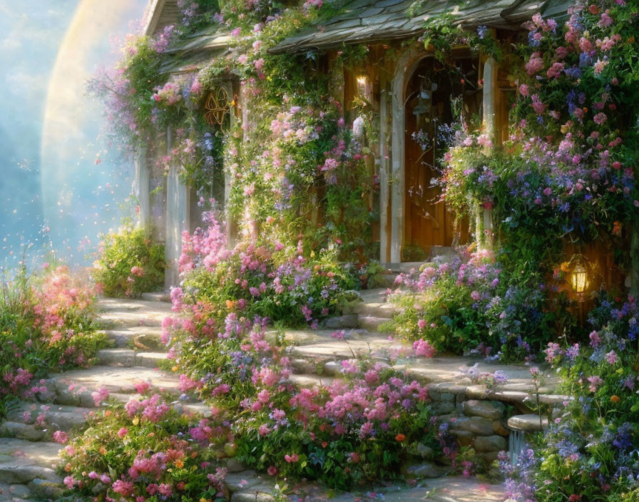 Charming cottage with roses, stone path, and glowing moon