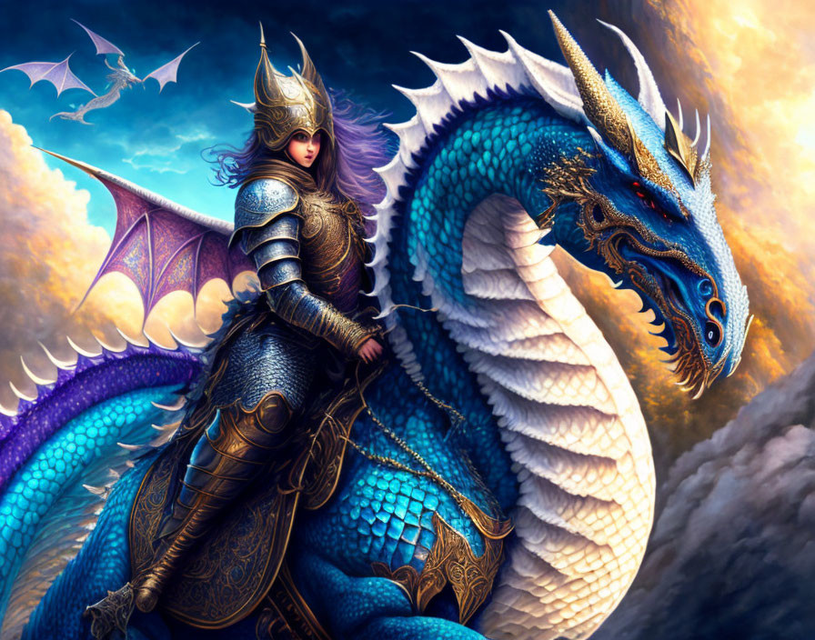 Armored warrior on blue dragon amidst sunset and bats