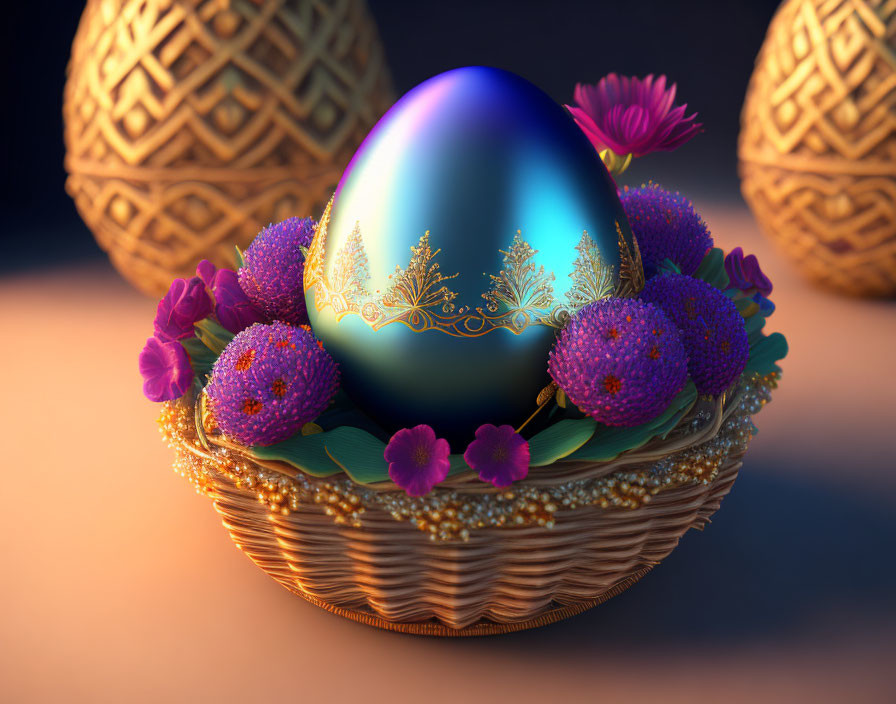 Colorful ornate egg with gold details in wicker basket among purple flowers and patterned eggs.