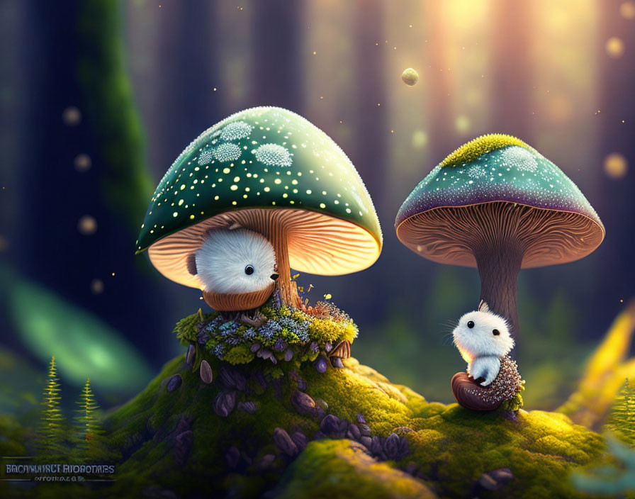 Stylized hedgehogs under colorful mushrooms in mystical forest scene