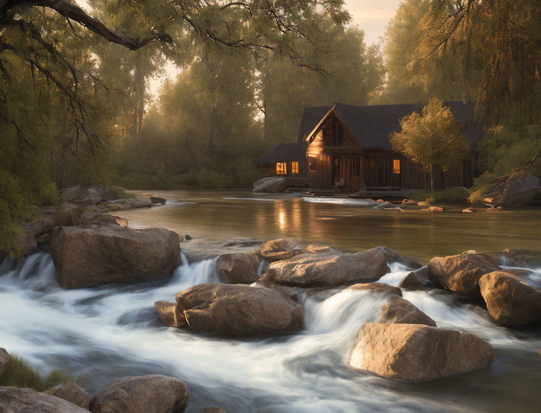 Tranquil riverside cabin with warm lights reflecting on water