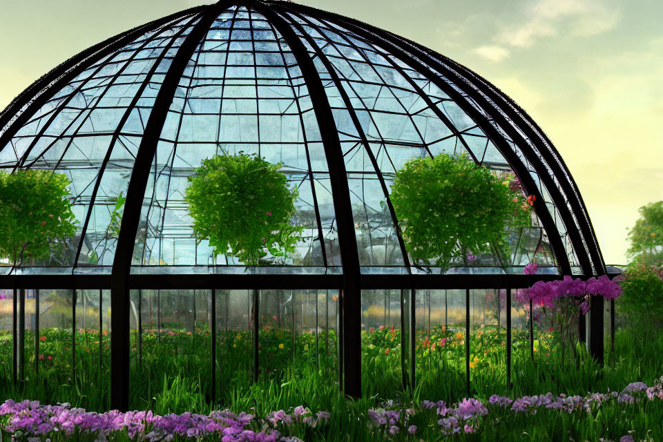 Glass greenhouse with lush greenery and pink flowers under cloudy sky.