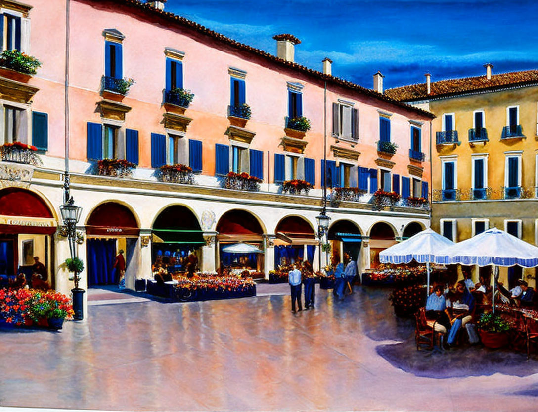 European Town Square Painting with Dining People & Flowered Balconies