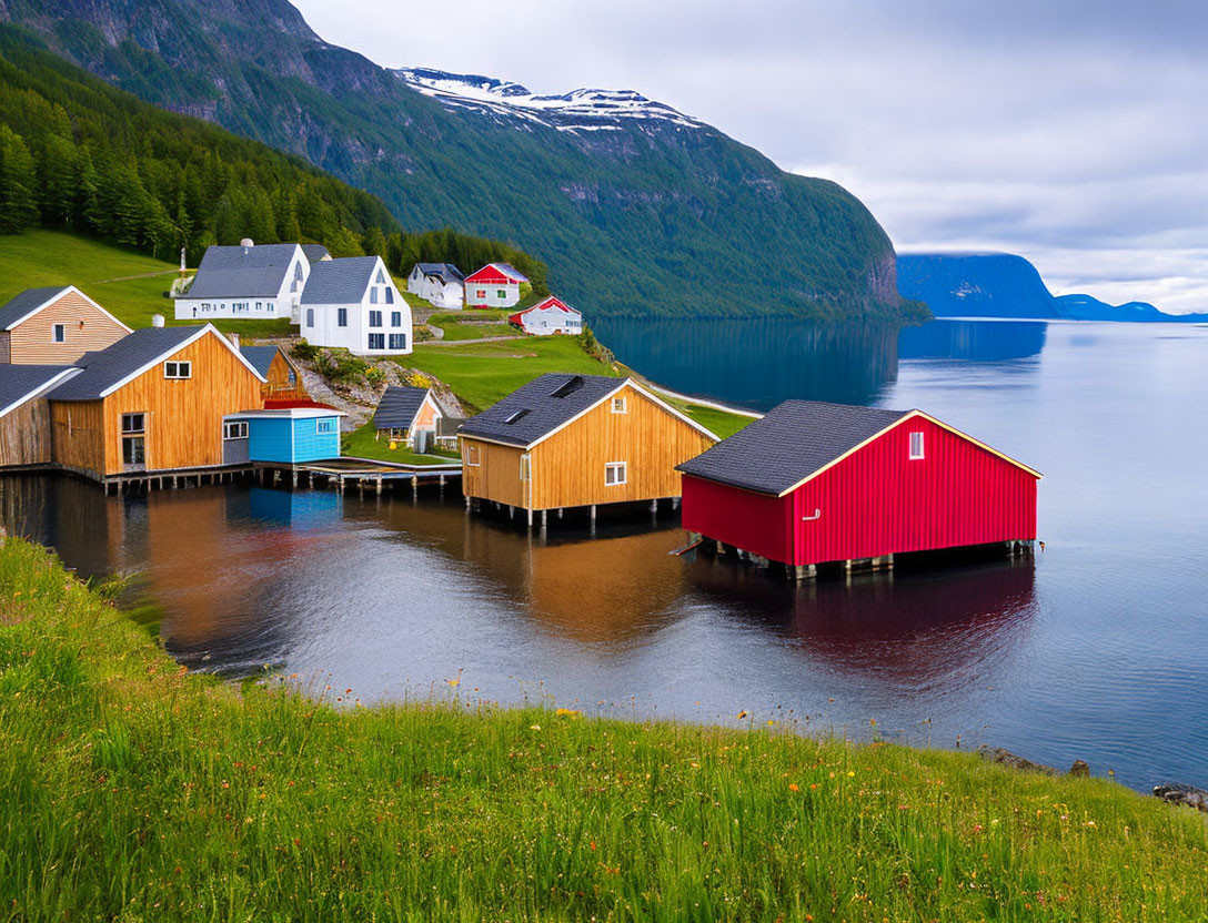 Vibrant houses and boathouses by fjord with green hills & snowy mountains