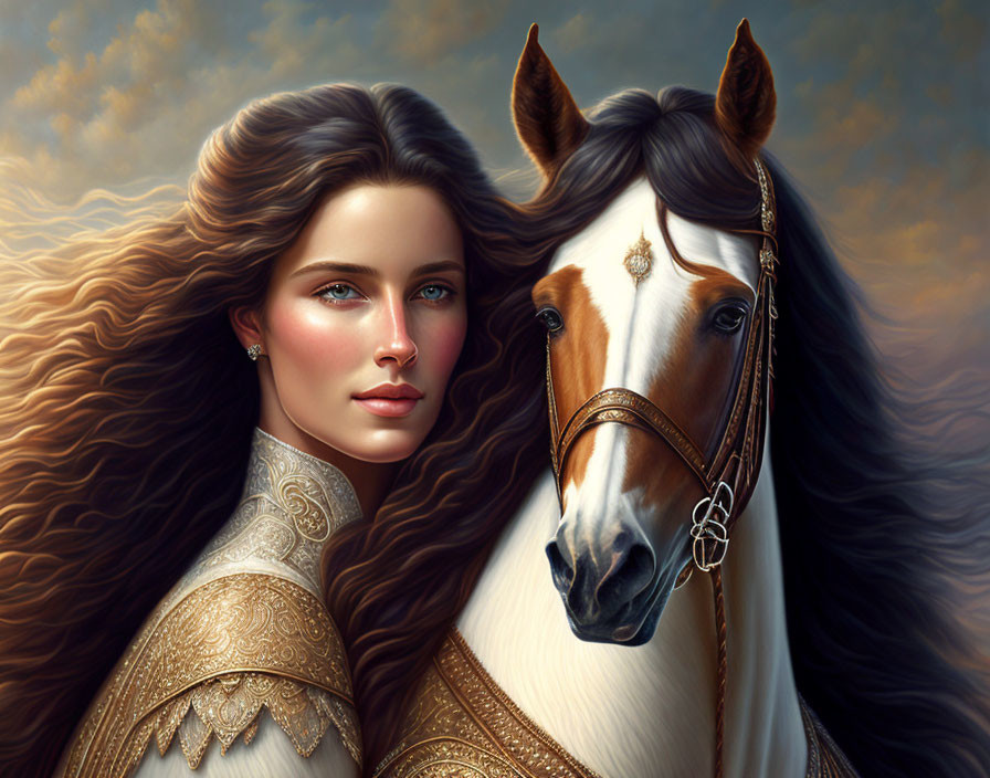 Realistic digital art: Woman with long hair & horse against cloudy sky