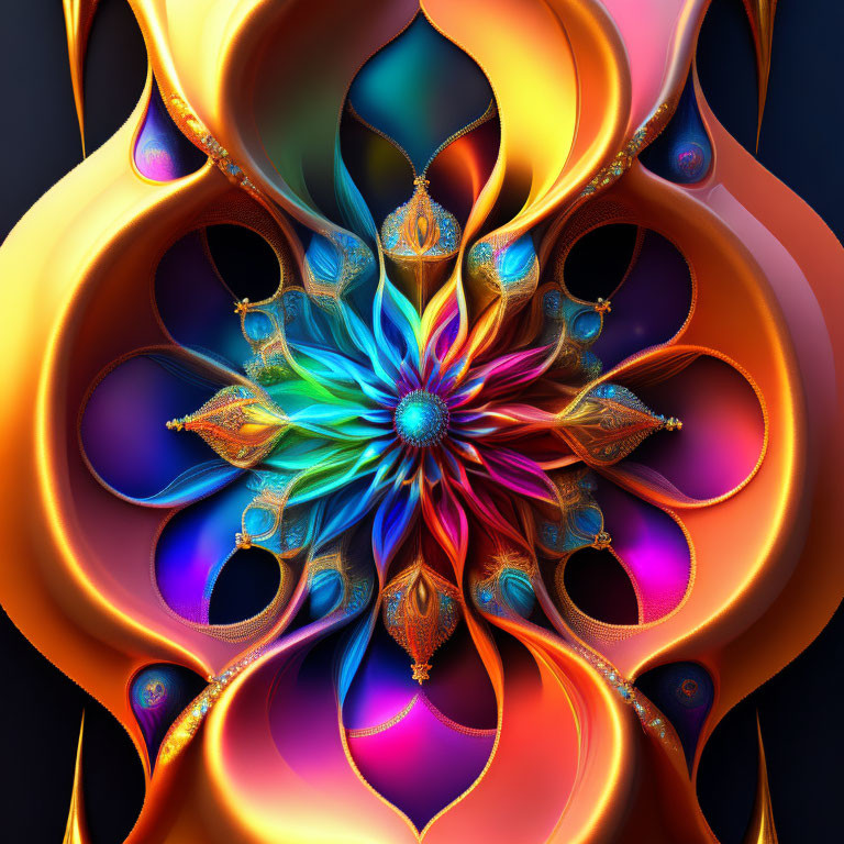 Symmetrical flower-like digital art with blue and green center and colorful ornate petals.