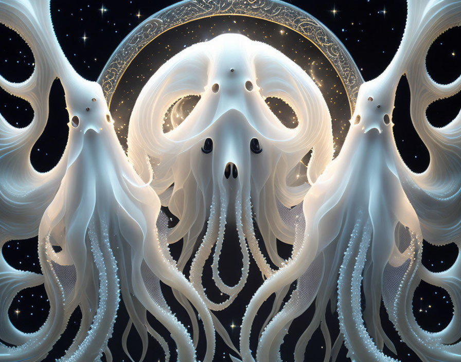 Ornate white octopus creatures in symmetrical design against starry backdrop