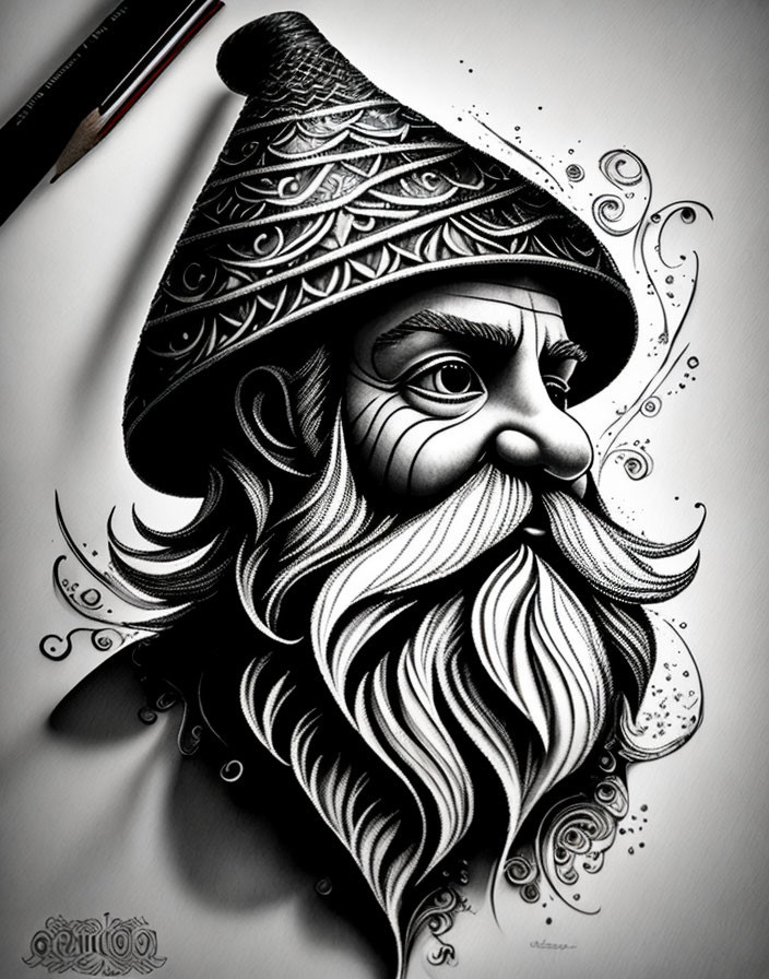 Whimsical gnome with patterned hat and curly beard next to pencil and brush