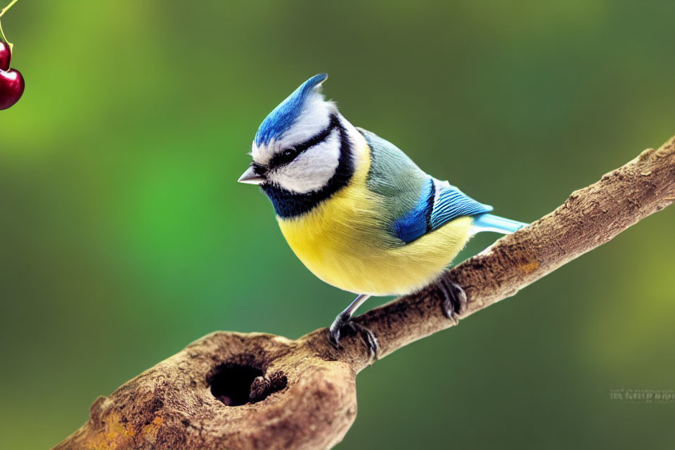 Colorful Blue Tit Bird Perched on Branch with Blurred Green Background