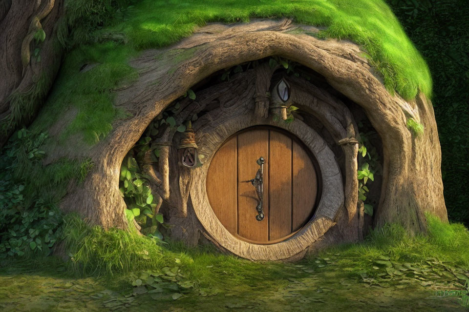 Wooden round door in moss-covered hillside with lantern and vines