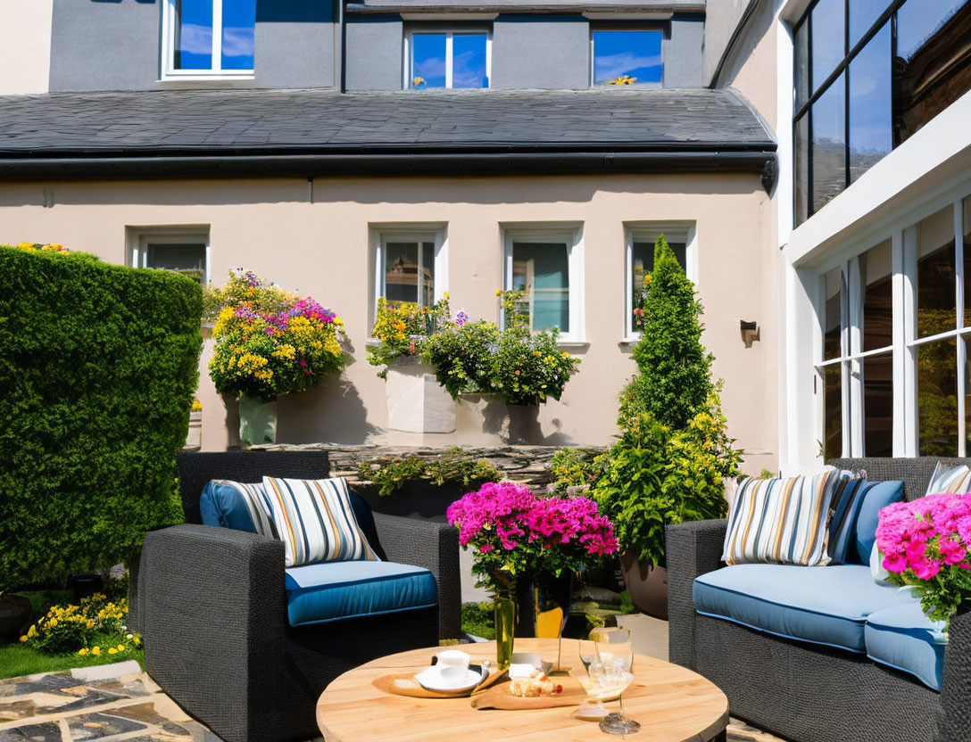 Colorful Flowers and Plush Seating on Cozy Patio of Cream-Colored House