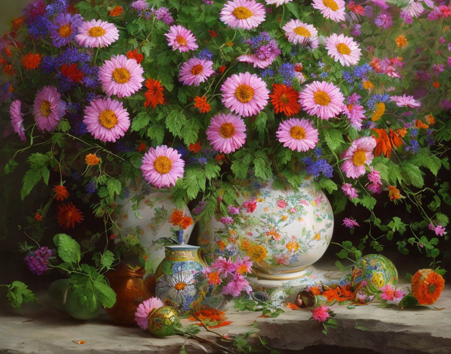 Colorful Flowers Still Life Composition with Ornate Vase